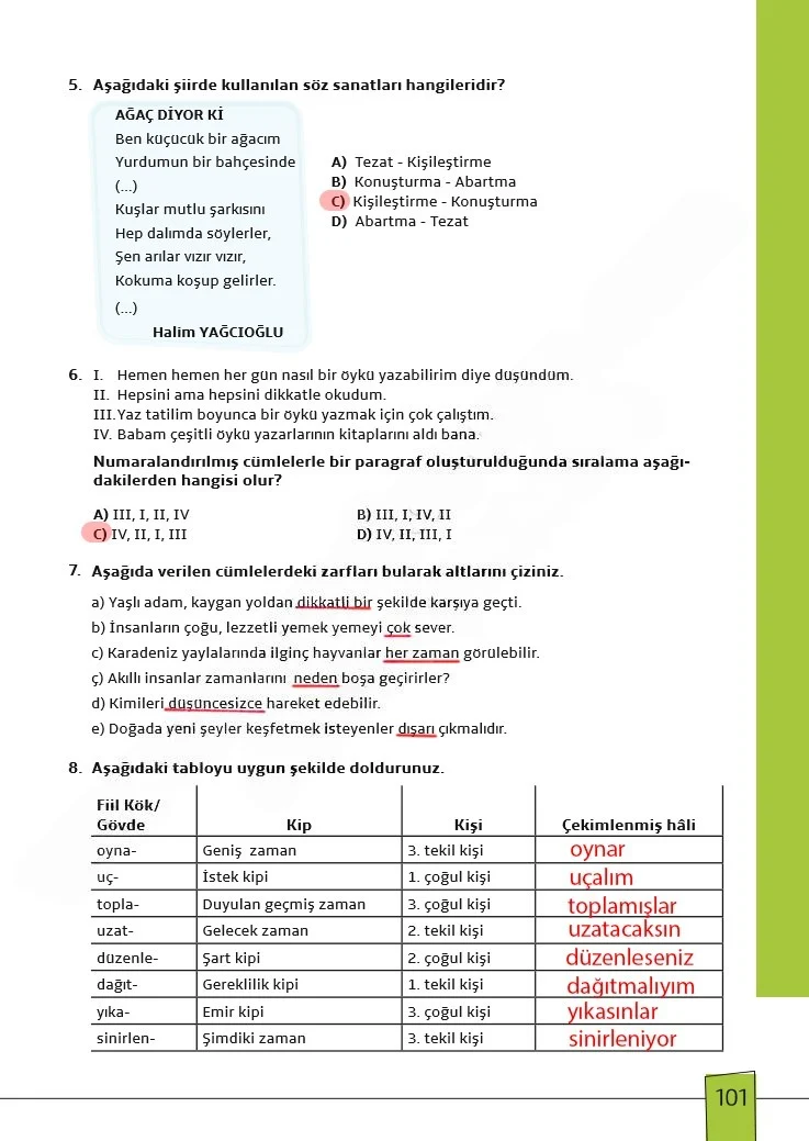 7. Sınıf Türkçe Ders Kitabı Cevapları Meb Yayınları 1. Kitap Sayfa 101 Çözüm Görseli