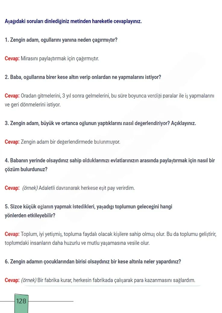 7. Sınıf Türkçe Ders Kitabı Cevapları Meb Yayınları 1. Kitap Sayfa 128 Çözüm Görseli