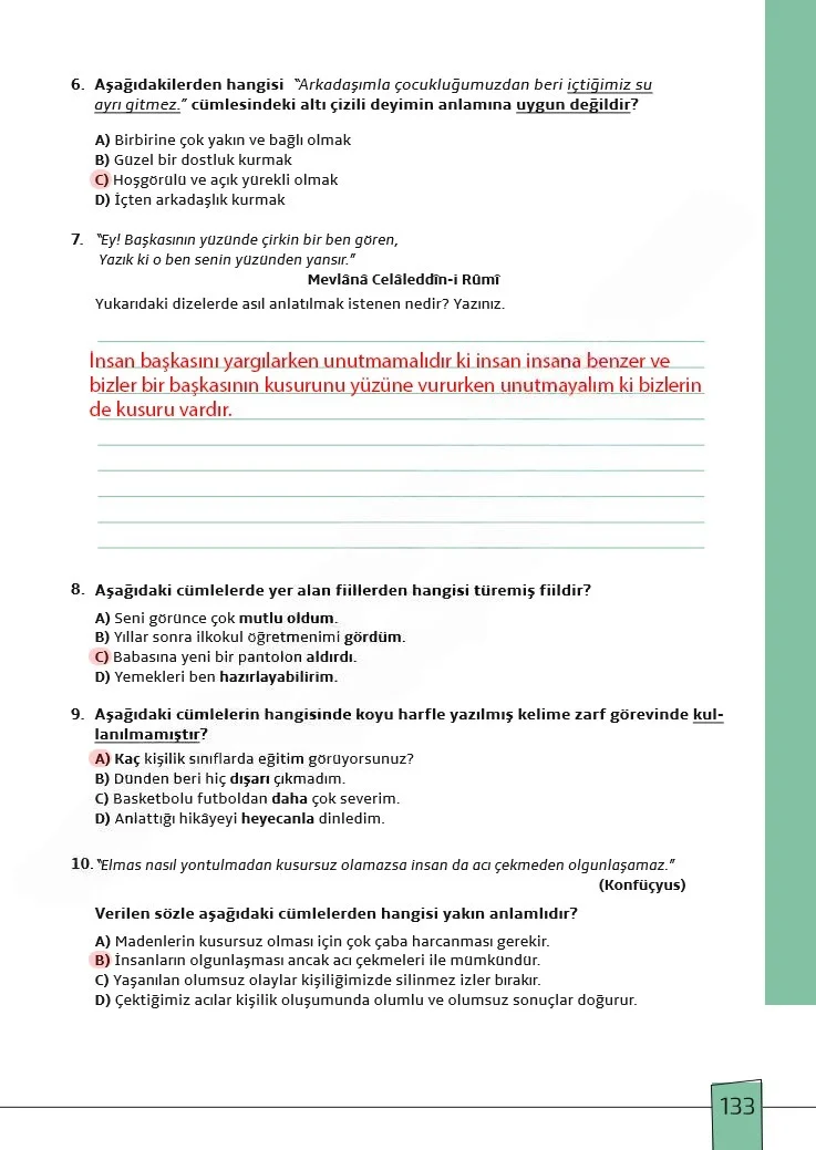 7. Sınıf Türkçe Ders Kitabı Cevapları Meb Yayınları 1. Kitap Sayfa 133 Çözüm Görseli