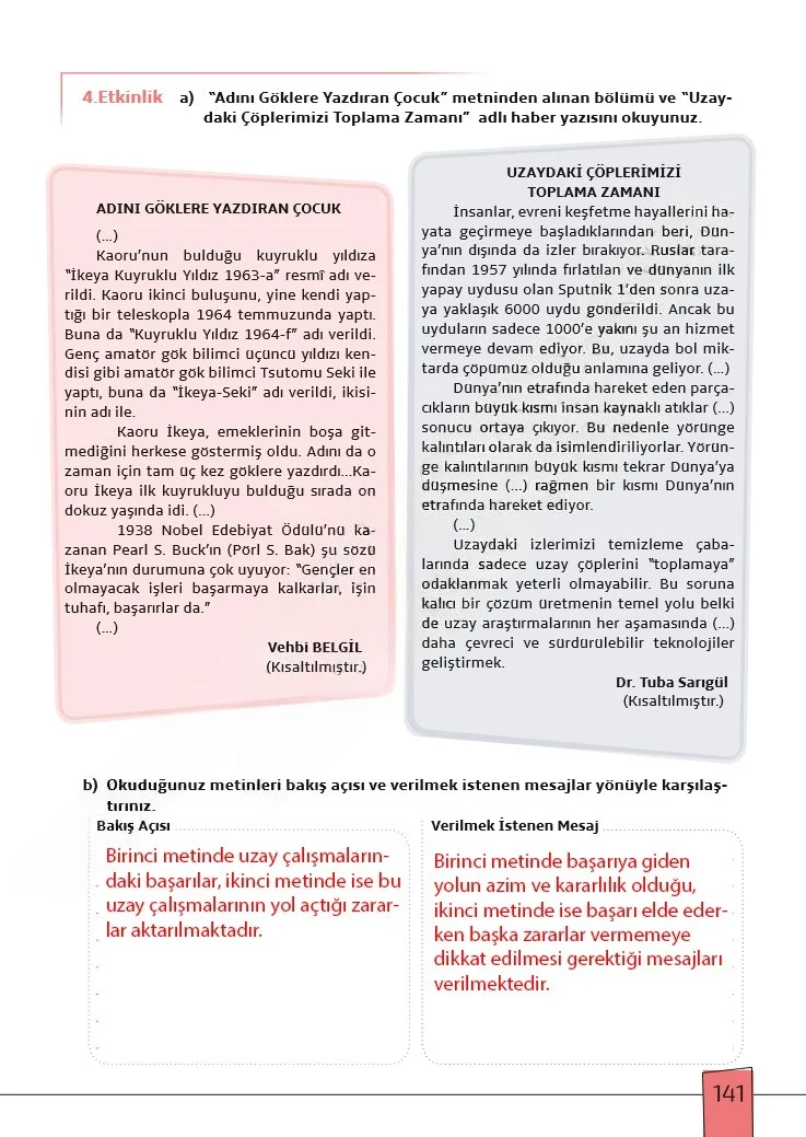 7. Sınıf Türkçe Ders Kitabı Cevapları Meb Yayınları 1. Kitap Sayfa 141 Çözüm Görseli