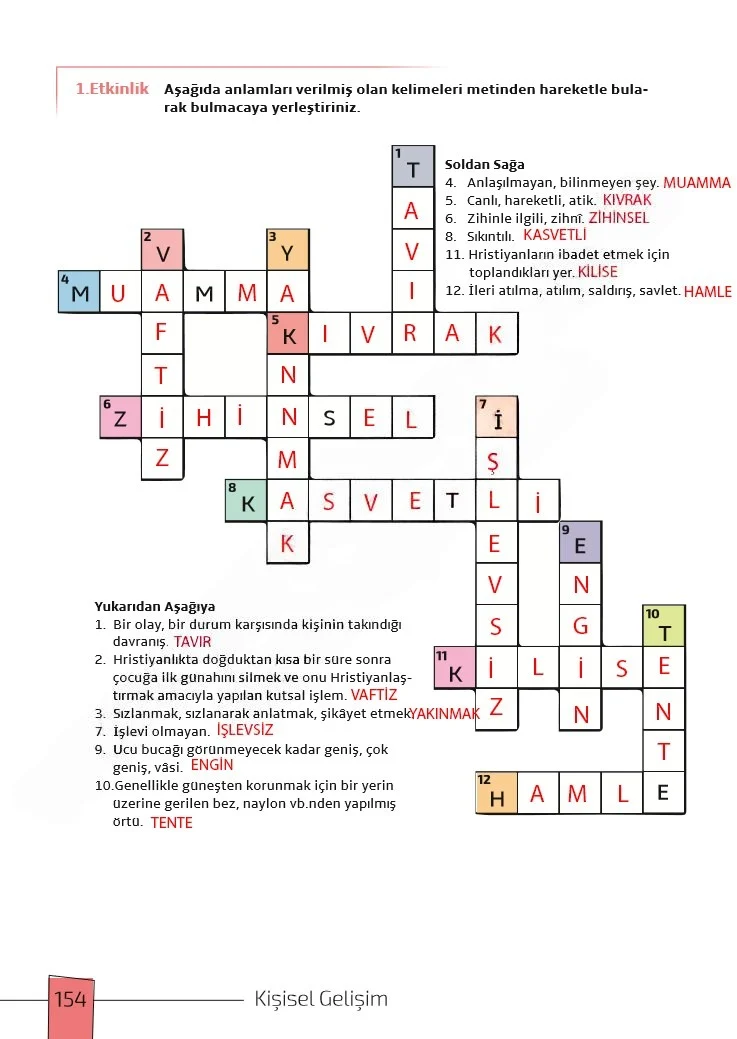 7. Sınıf Türkçe Ders Kitabı Cevapları Meb Yayınları 1. Kitap Sayfa 154 Çözüm Görseli