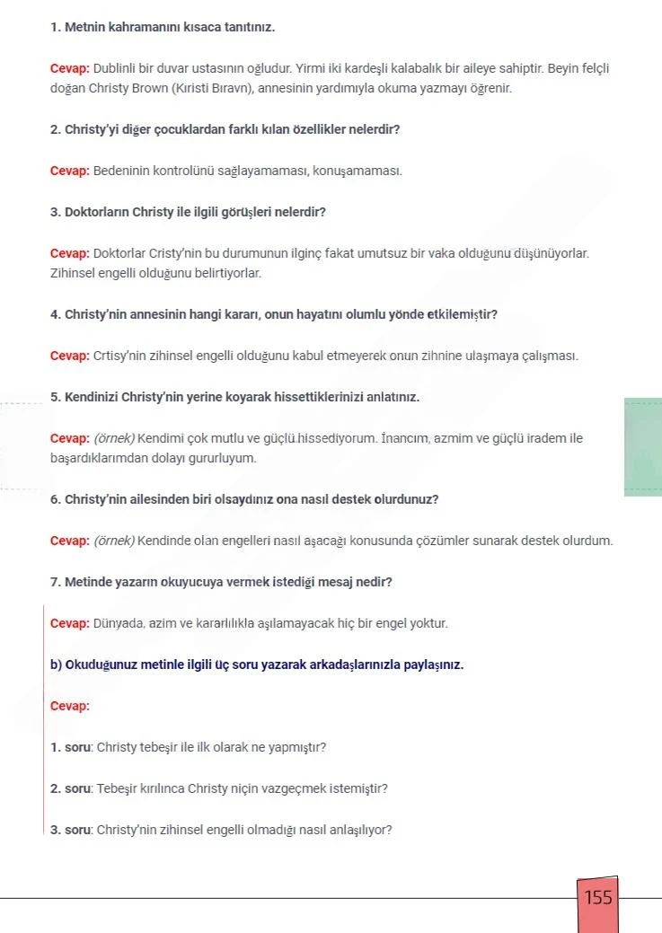 7. Sınıf Türkçe Ders Kitabı Cevapları Meb Yayınları 1. Kitap Sayfa 155 Çözüm Görseli