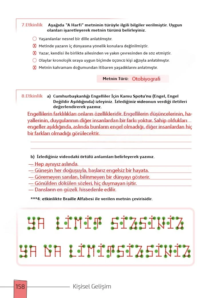 7. Sınıf Türkçe Ders Kitabı Cevapları Meb Yayınları 1. Kitap Sayfa 158 Çözüm Görseli