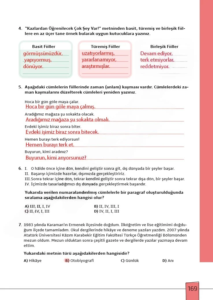 7. Sınıf Türkçe Ders Kitabı Cevapları Meb Yayınları 1. Kitap Sayfa 169 Çözüm Görseli