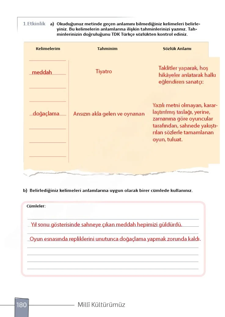 7. Sınıf Türkçe Ders Kitabı Cevapları Meb Yayınları 1. Kitap Sayfa 180 Çözüm Görseli