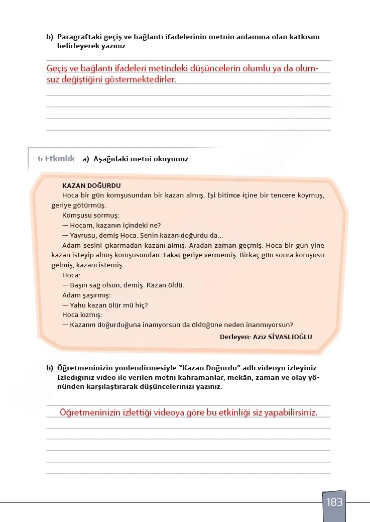 7. Sınıf Türkçe Ders Kitabı Cevapları Meb Yayınları 1. Kitap Sayfa 183 Çözüm Görseli