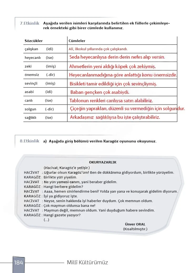 7. Sınıf Türkçe Ders Kitabı Cevapları Meb Yayınları 1. Kitap Sayfa 184 Çözüm Görseli