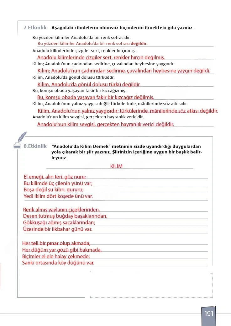 7. Sınıf Türkçe Ders Kitabı Cevapları Meb Yayınları 1. Kitap Sayfa 191 Çözüm Görseli