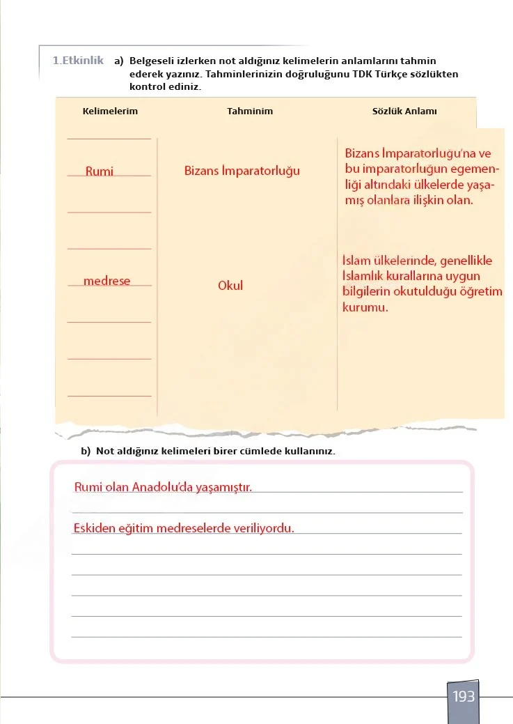 7. Sınıf Türkçe Ders Kitabı Cevapları Meb Yayınları 1. Kitap Sayfa 193 Çözüm Görseli