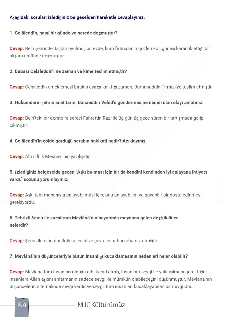 7. Sınıf Türkçe Ders Kitabı Cevapları Meb Yayınları 1. Kitap Sayfa 194 Çözüm Görseli