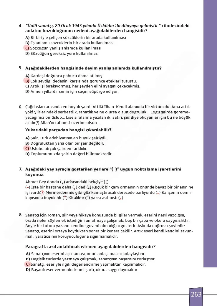7. Sınıf Türkçe Ders Kitabı Cevapları Meb Yayınları 1. Kitap Sayfa 263 Çözüm Görseli