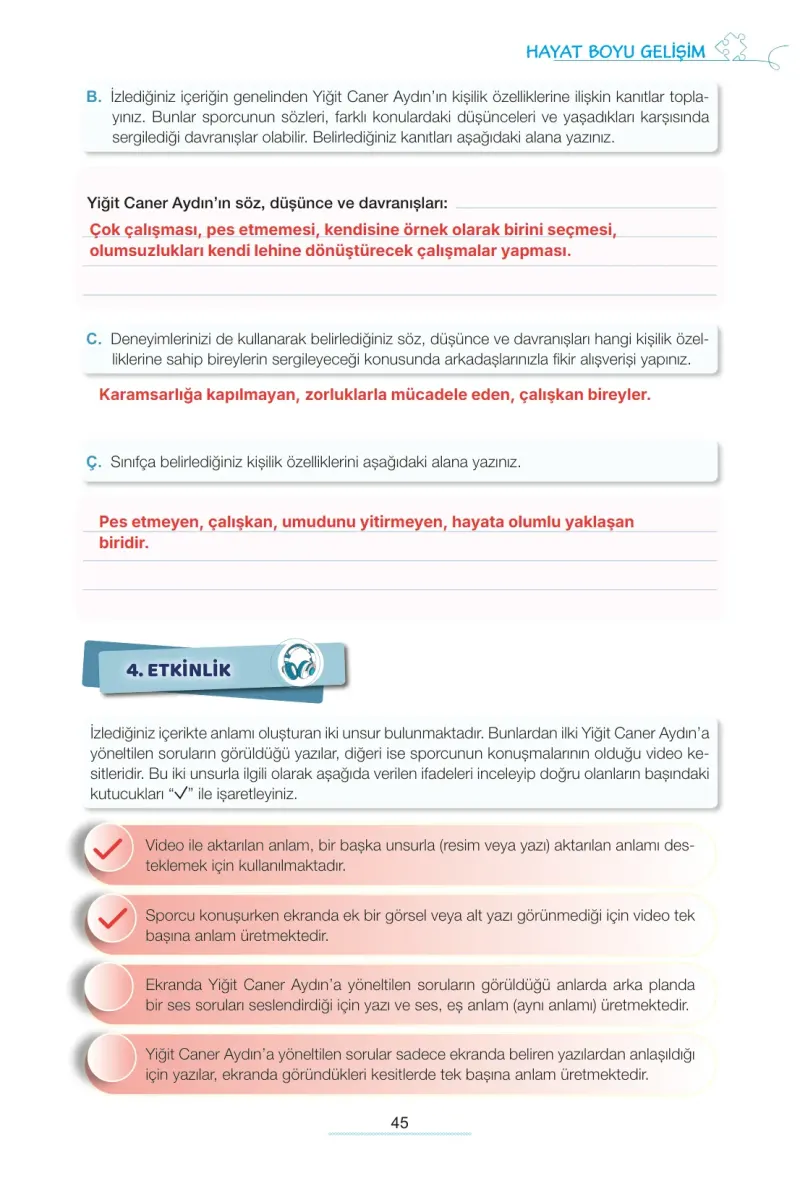 7. Sınıf Türkçe Ders Kitabı Cevapları Meb Yayınları 1. Kitap Sayfa 45 Çözüm Görseli