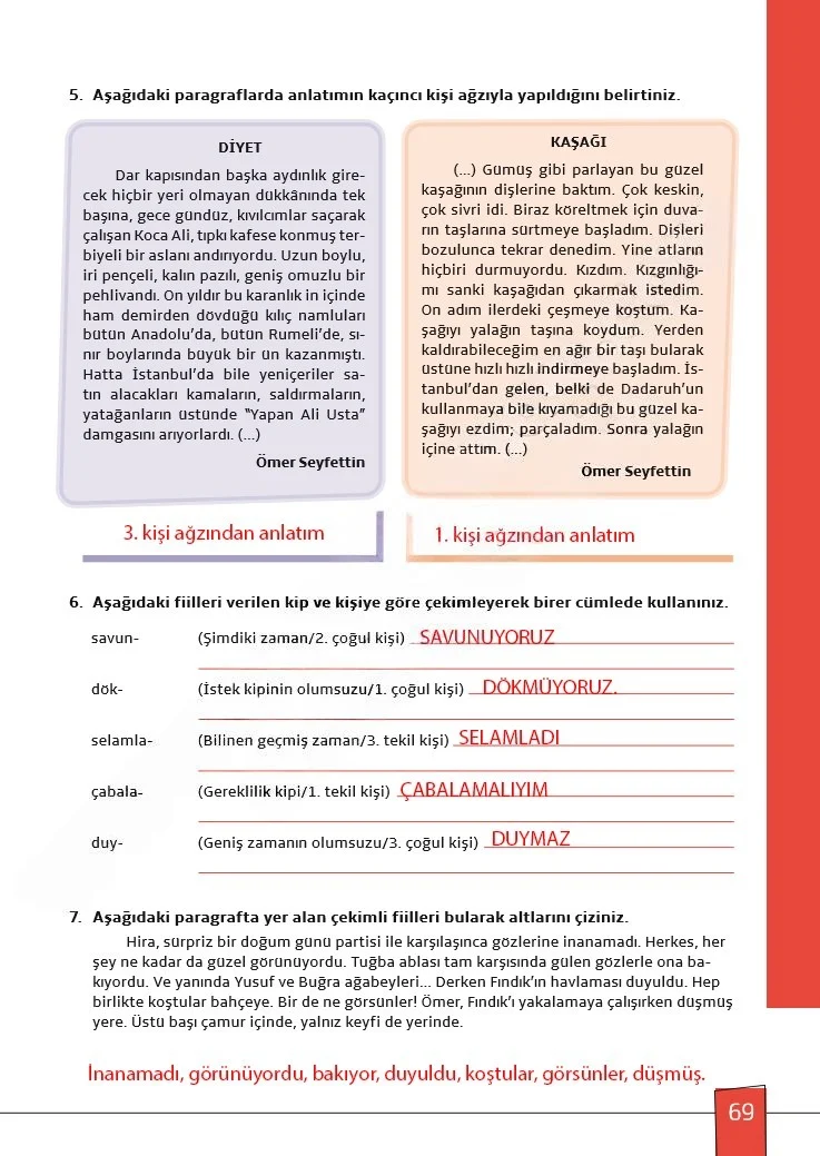 7. Sınıf Türkçe Ders Kitabı Cevapları Meb Yayınları 1. Kitap Sayfa 69 Çözüm Görseli