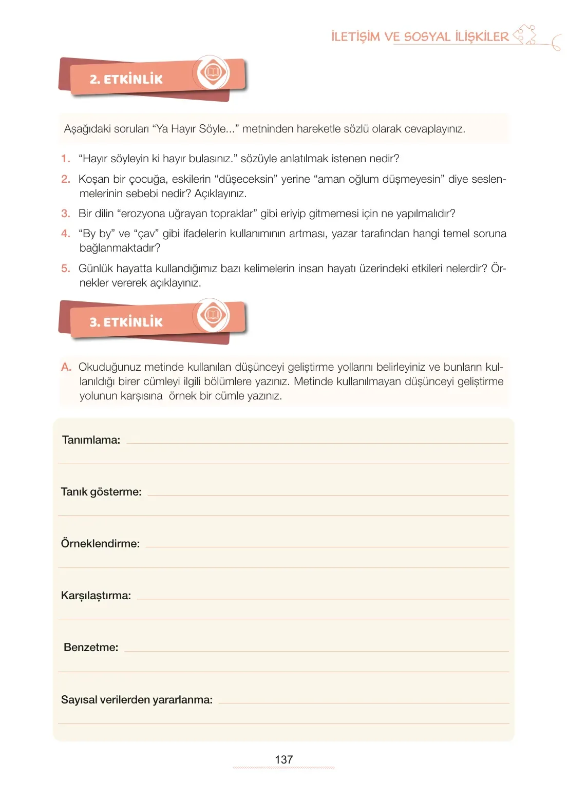 7. Sınıf Türkçe Ders Kitabı Cevapları Meb Yayınları 1. Kitap Sayfa 137