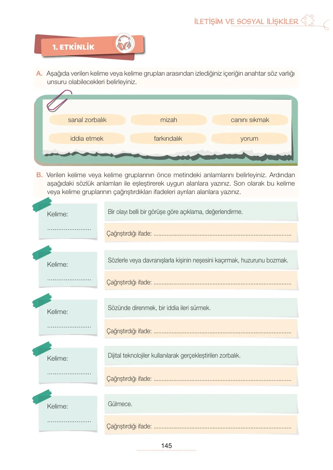 7. Sınıf Türkçe Ders Kitabı Cevapları Meb Yayınları 1. Kitap Sayfa 145