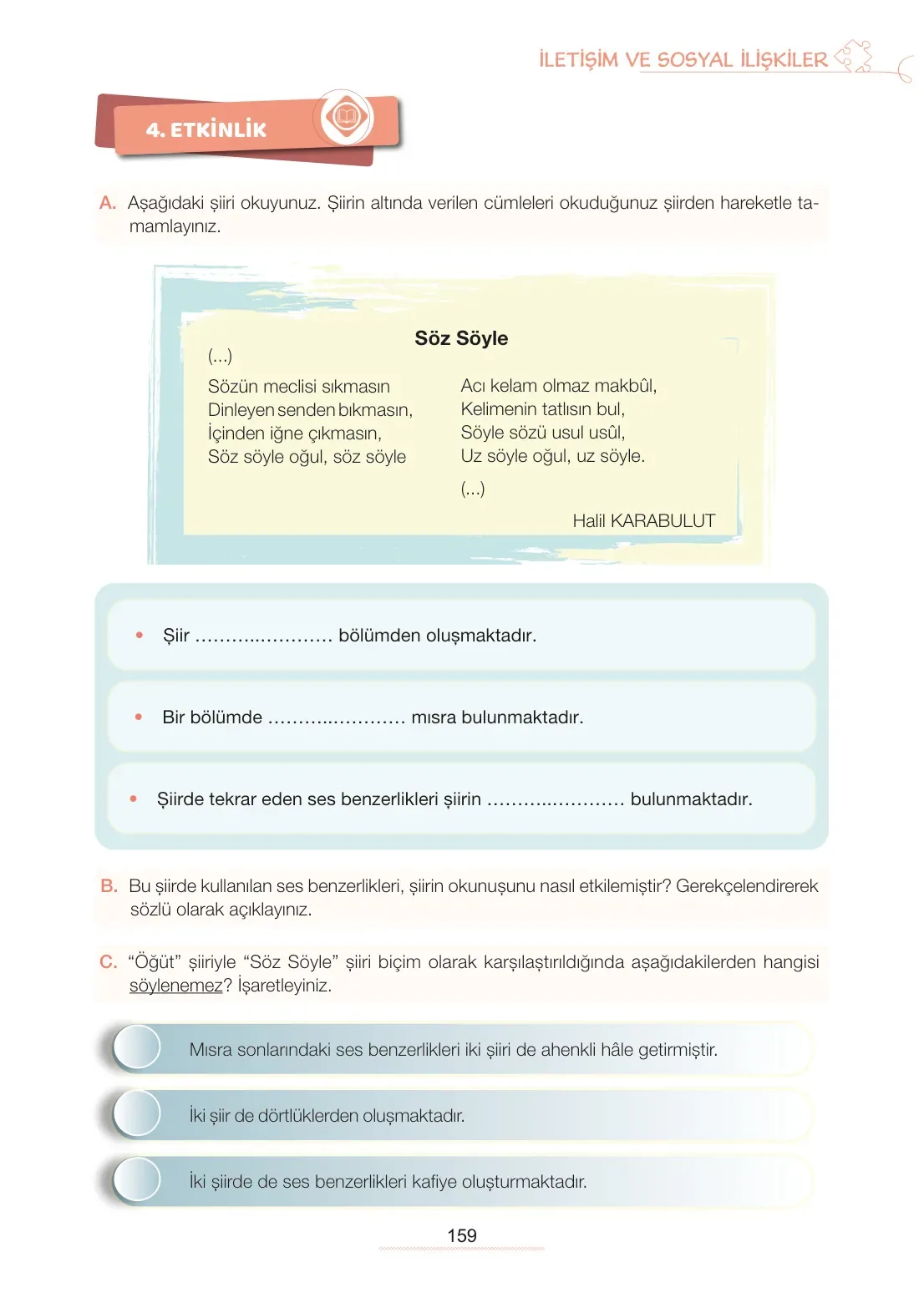 7. Sınıf Türkçe Ders Kitabı Cevapları Meb Yayınları 1. Kitap Sayfa 159