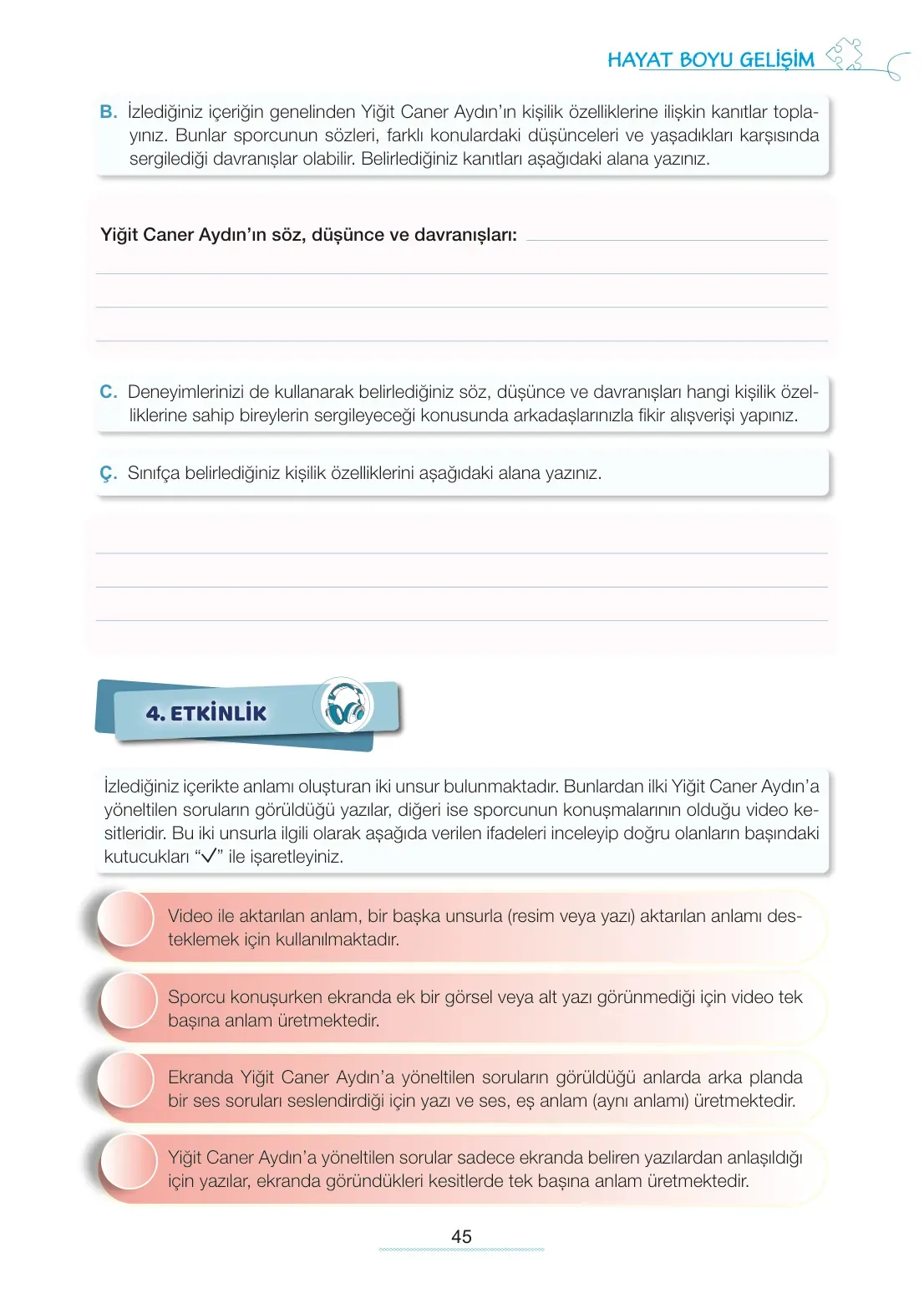 7. Sınıf Türkçe Ders Kitabı Cevapları Meb Yayınları 1. Kitap Sayfa 45