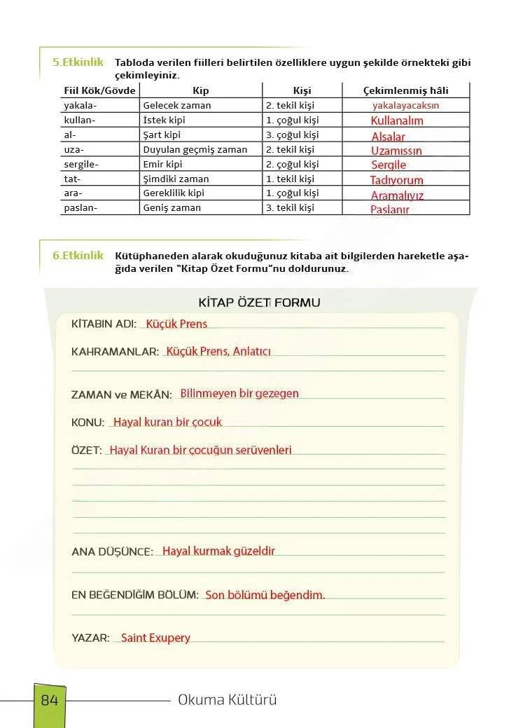 7. Sınıf Türkçe Ders Kitabı Cevapları Meb Yayınları 1. Kitap Sayfa 84 Çözüm Görseli