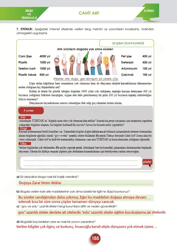 7. Sınıf Türkçe Ders Kitabı Cevapları Meb Yayınları 2. Kitap Sayfa 155 Çözüm Görseli