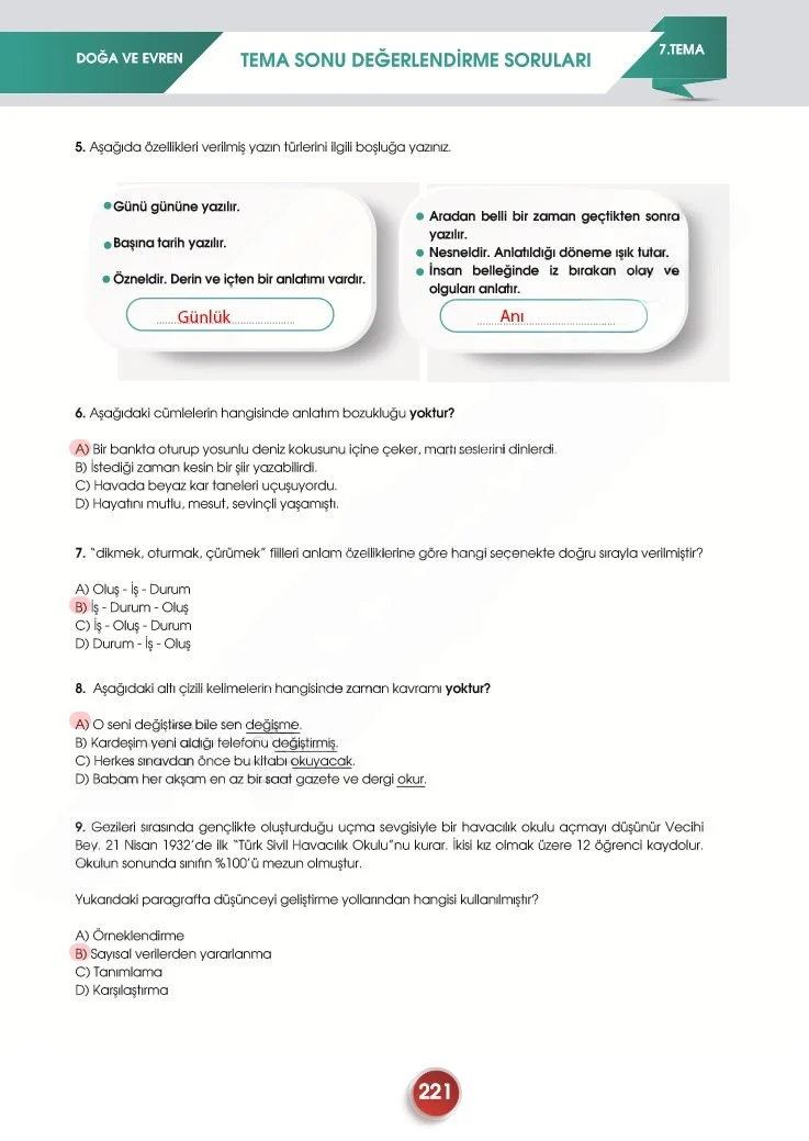 7. Sınıf Türkçe Ders Kitabı Cevapları Meb Yayınları 2. Kitap Sayfa 221 Çözüm Görseli