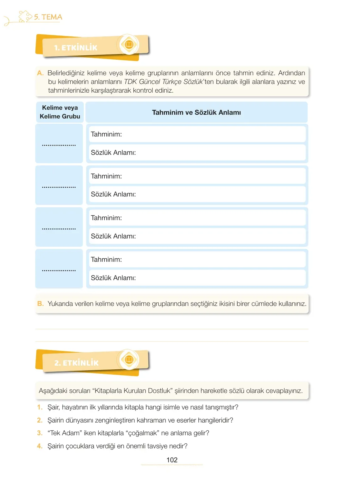 7. Sınıf Türkçe Ders Kitabı Cevapları Meb Yayınları 2. Kitap Sayfa 102