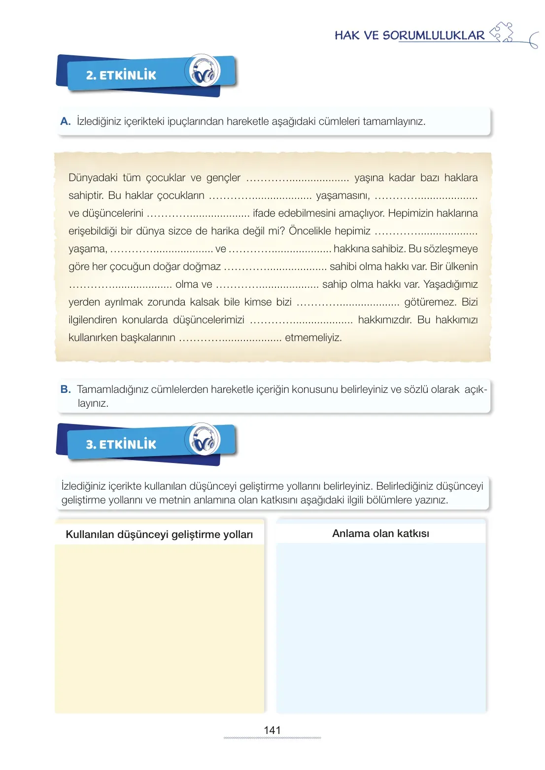 7. Sınıf Türkçe Ders Kitabı Cevapları Meb Yayınları 2. Kitap Sayfa 141