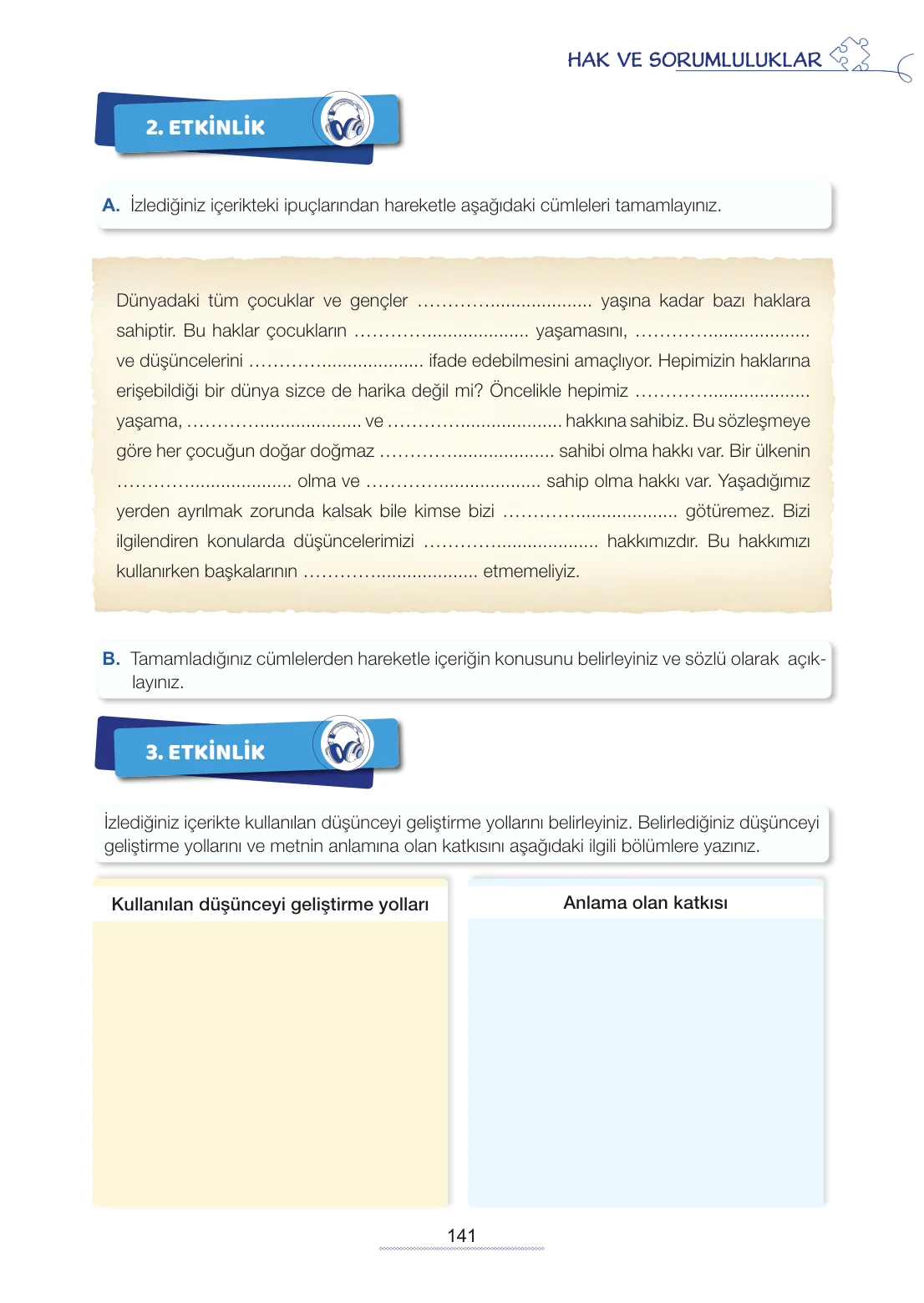 7. Sınıf Türkçe Ders Kitabı Cevapları Meb Yayınları 2. Kitap Sayfa 141