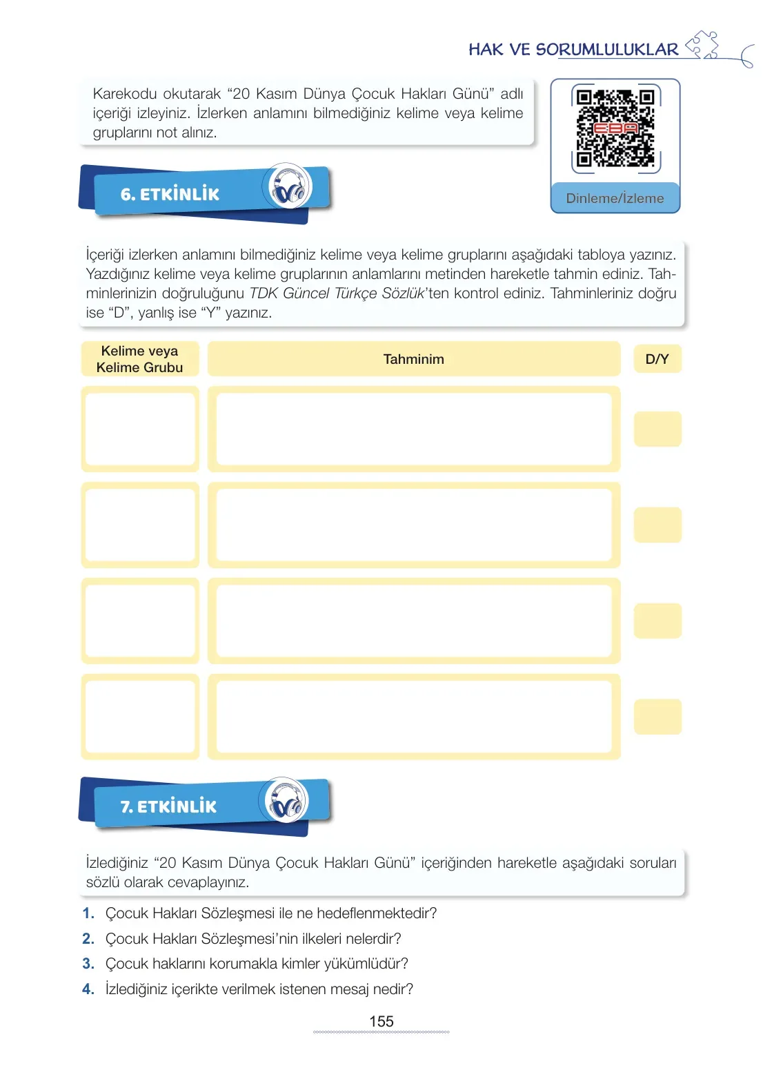 7. Sınıf Türkçe Ders Kitabı Cevapları Meb Yayınları 2. Kitap Sayfa 155