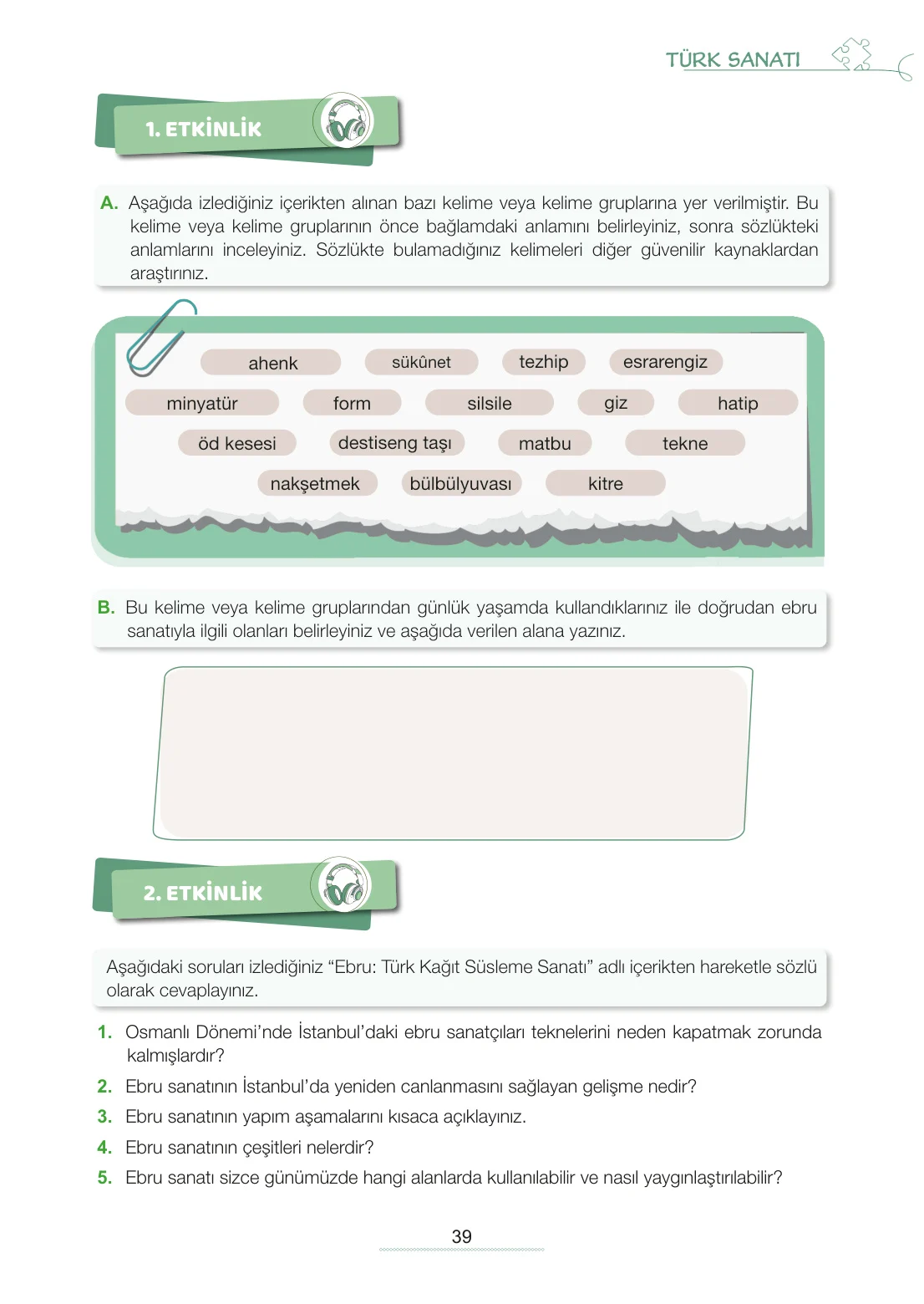 7. Sınıf Türkçe Ders Kitabı Cevapları Meb Yayınları 2. Kitap Sayfa 39
