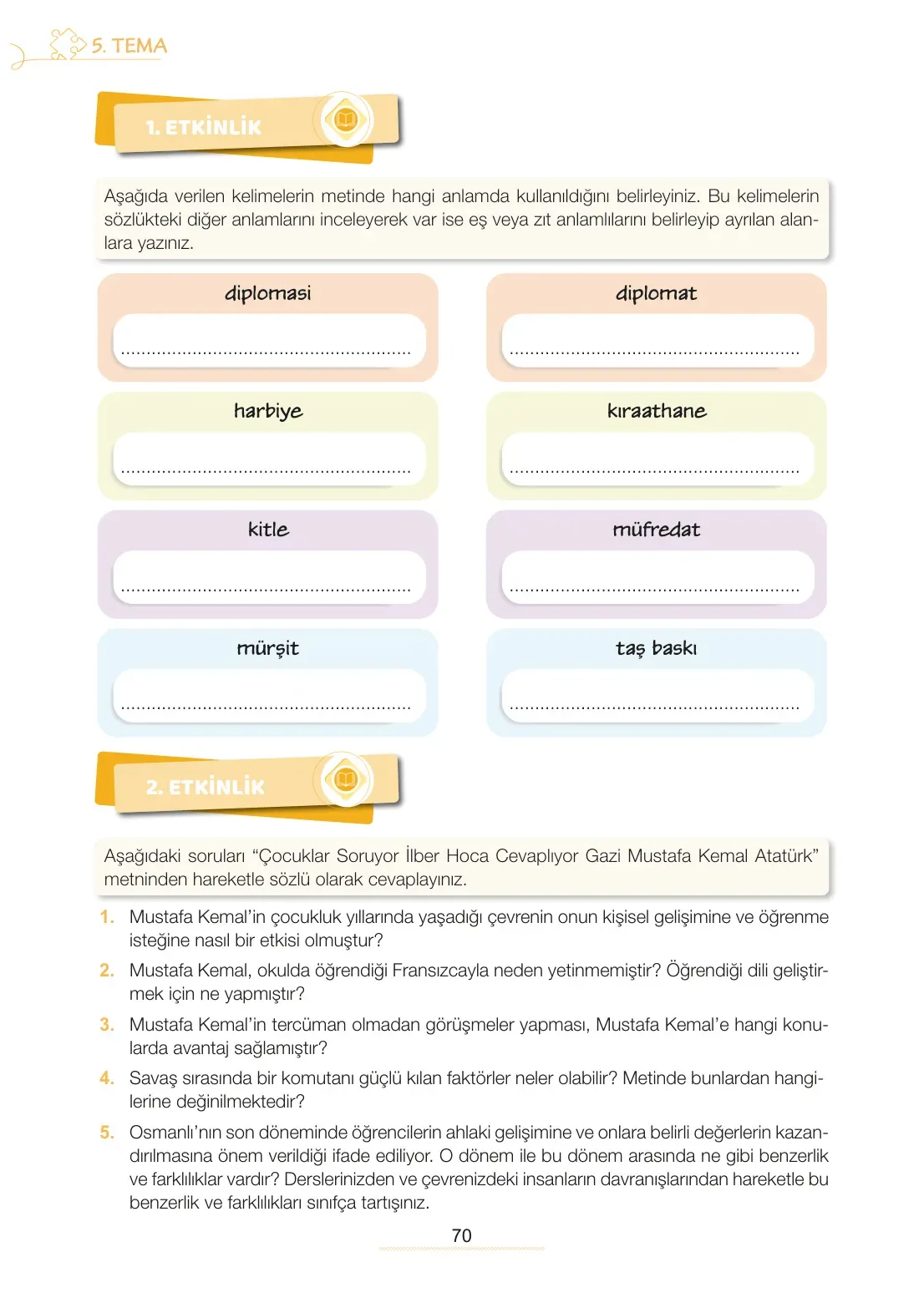 7. Sınıf Türkçe Ders Kitabı Cevapları Meb Yayınları 2. Kitap Sayfa 70