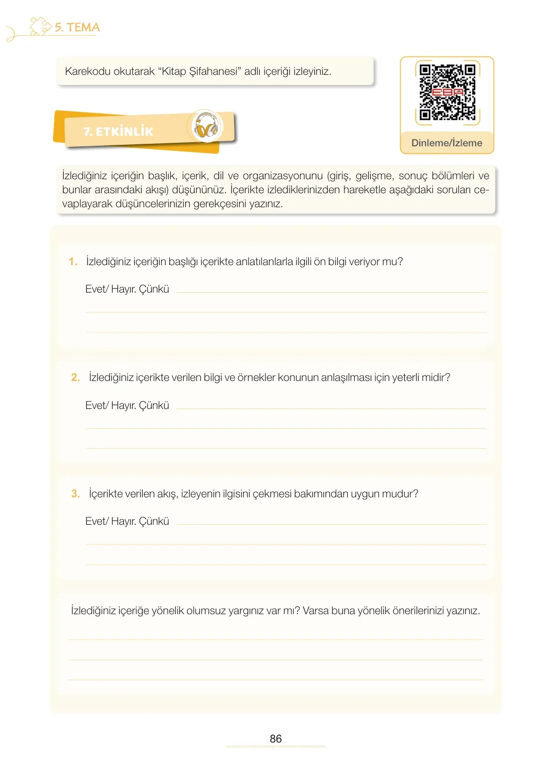 7. Sınıf Türkçe Ders Kitabı Cevapları Meb Yayınları 2. Kitap Sayfa 86