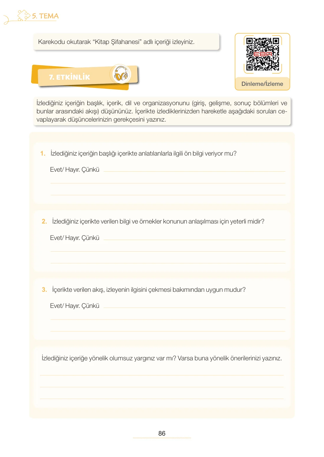 7. Sınıf Türkçe Ders Kitabı Cevapları Meb Yayınları 2. Kitap Sayfa 86