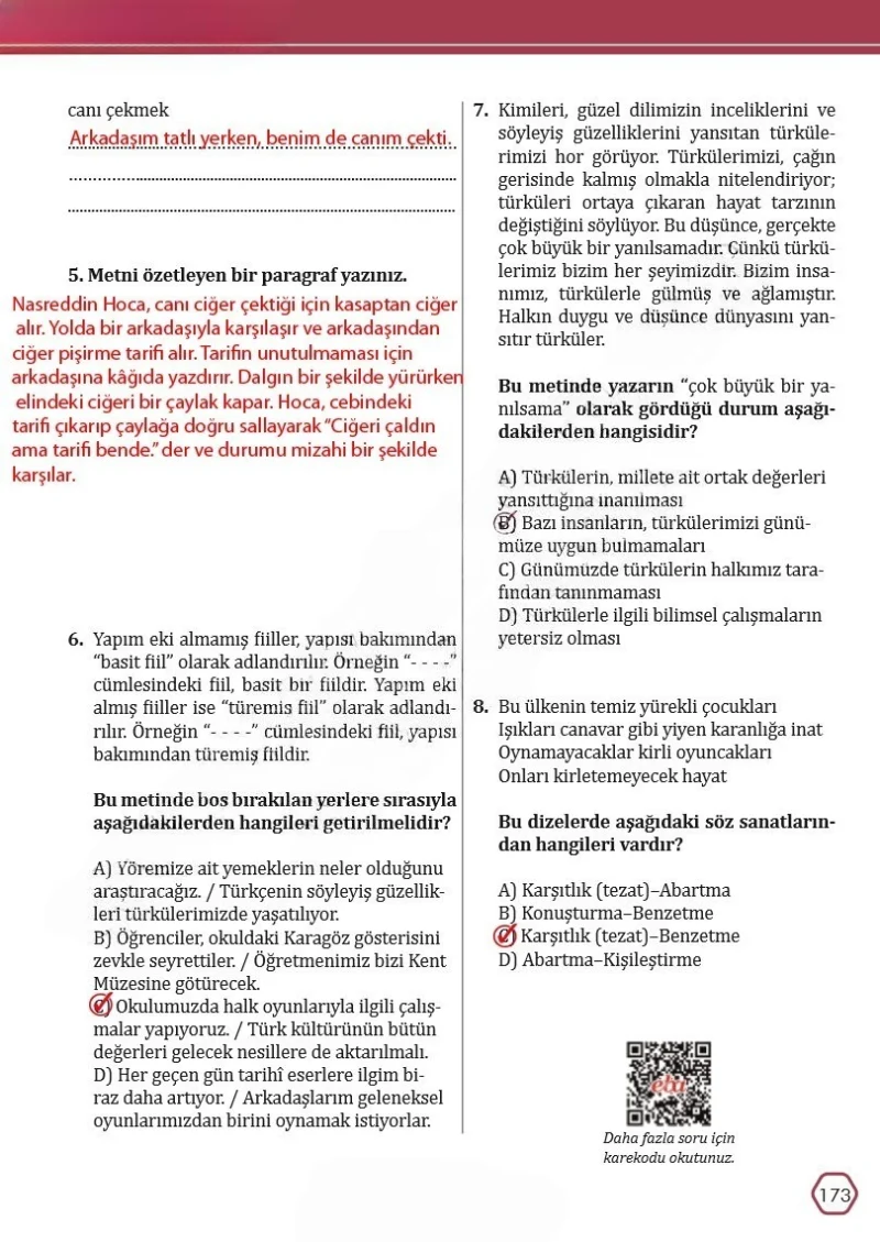 7. Sınıf Türkçe Ders Kitabı Cevapları Meb Yayınları Sayfa 173 Çözüm Görseli