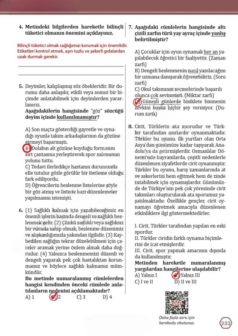 7. Sınıf Türkçe Ders Kitabı Cevapları Meb Yayınları Sayfa 233 Çözüm Görseli