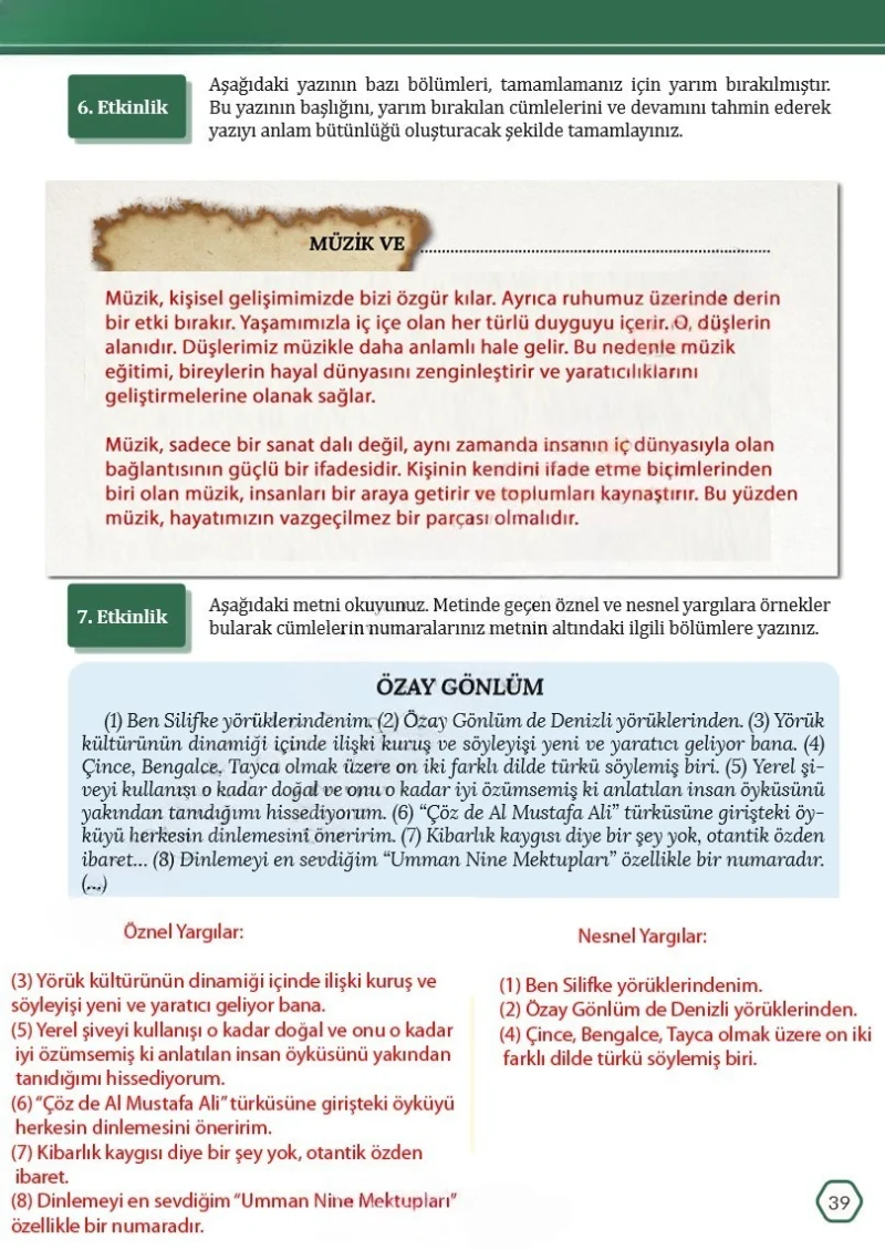 7. Sınıf Türkçe Ders Kitabı Cevapları Meb Yayınları Sayfa 39 Çözüm Görseli