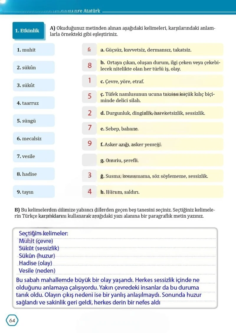 7. Sınıf Türkçe Ders Kitabı Cevapları Meb Yayınları Sayfa 64 Çözüm Görseli