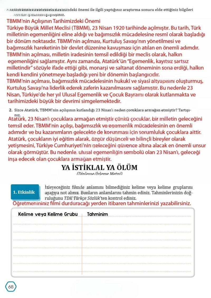 7. Sınıf Türkçe Ders Kitabı Cevapları Meb Yayınları Sayfa 68 Çözüm Görseli
