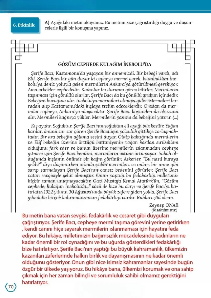 7. Sınıf Türkçe Ders Kitabı Cevapları Meb Yayınları Sayfa 70 Çözüm Görseli