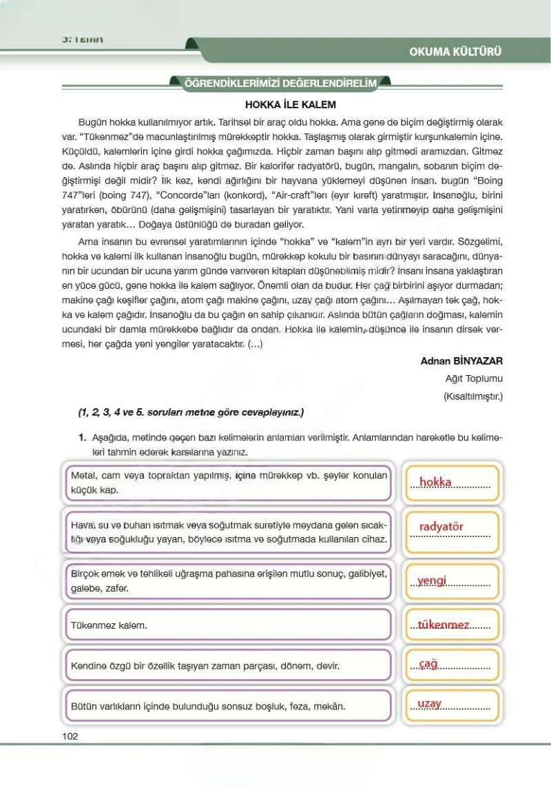 7. Sınıf Türkçe Ders Kitabı Cevapları Özgün Yayınları Sayfa 102 Çözüm Görseli