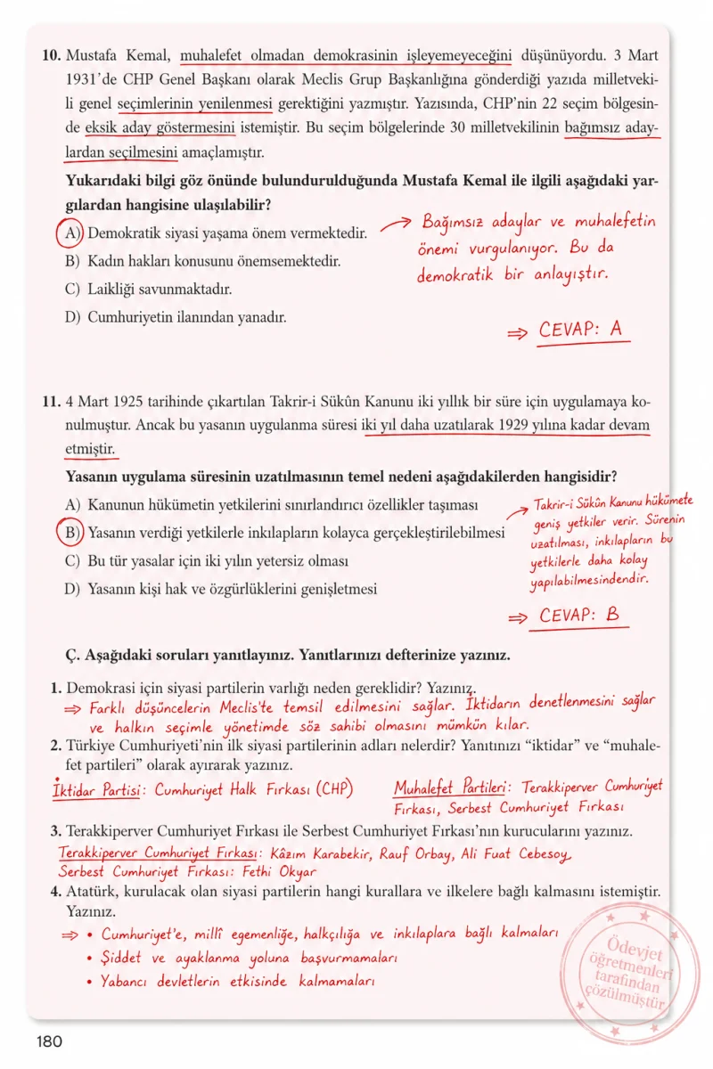 8. Sınıf İnkılap Tarihi Ders Kitabı Cevapları Bir Yay Yayınları Sayfa 180 Çözüm Görseli