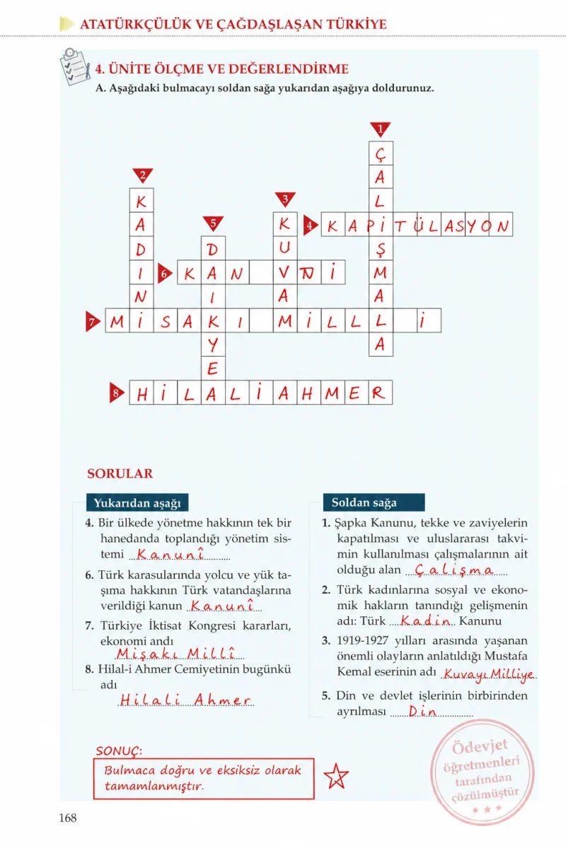 8. Sınıf İnkılap Tarihi Ders Kitabı Cevapları Meb Yayınları Sayfa 168 Çözüm Görseli