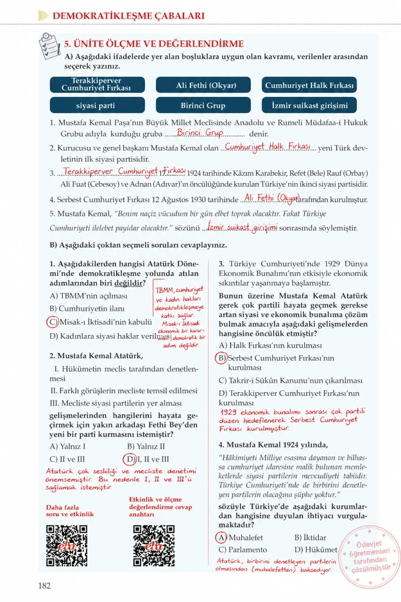 8. Sınıf İnkılap Tarihi Ders Kitabı Cevapları Meb Yayınları Sayfa 182 Çözüm Görseli