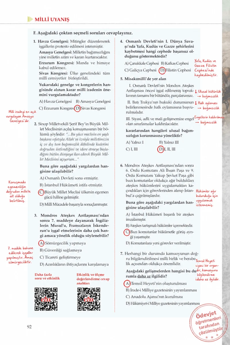 8. Sınıf İnkılap Tarihi Ders Kitabı Cevapları Meb Yayınları Sayfa 92 Çözüm Görseli