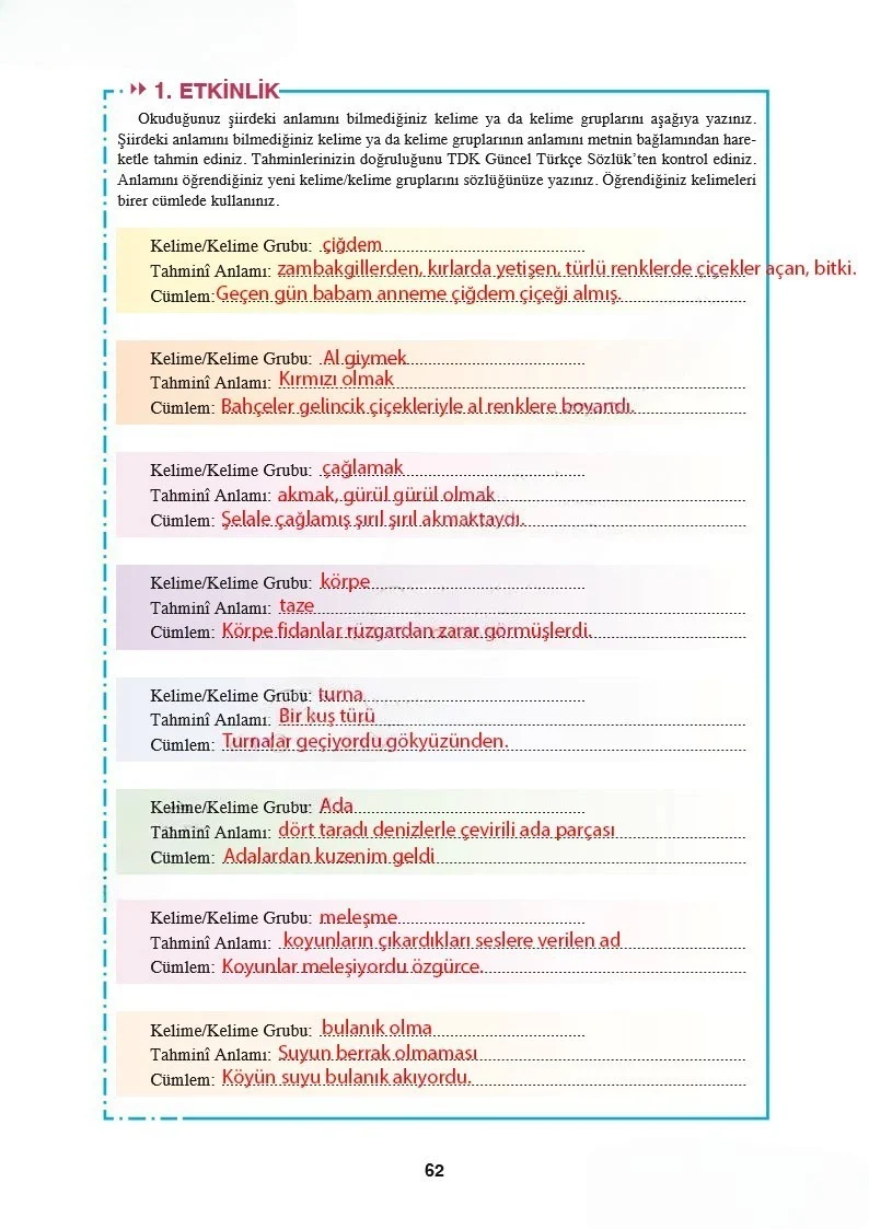 8. Sınıf Türkçe Ders Kitabı Cevapları Hecce Yayınları Sayfa 62 Çözüm Görseli