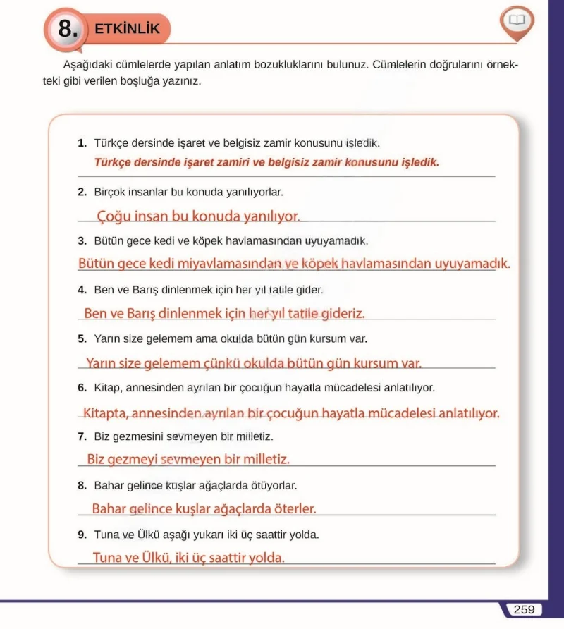 8. Sınıf Türkçe Ders Kitabı Cevapları Meb Yayınları Sayfa 259 Çözüm Görseli