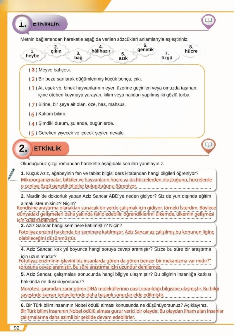8. Sınıf Türkçe Ders Kitabı Cevapları Meb Yayınları Sayfa 92 Çözüm Görseli