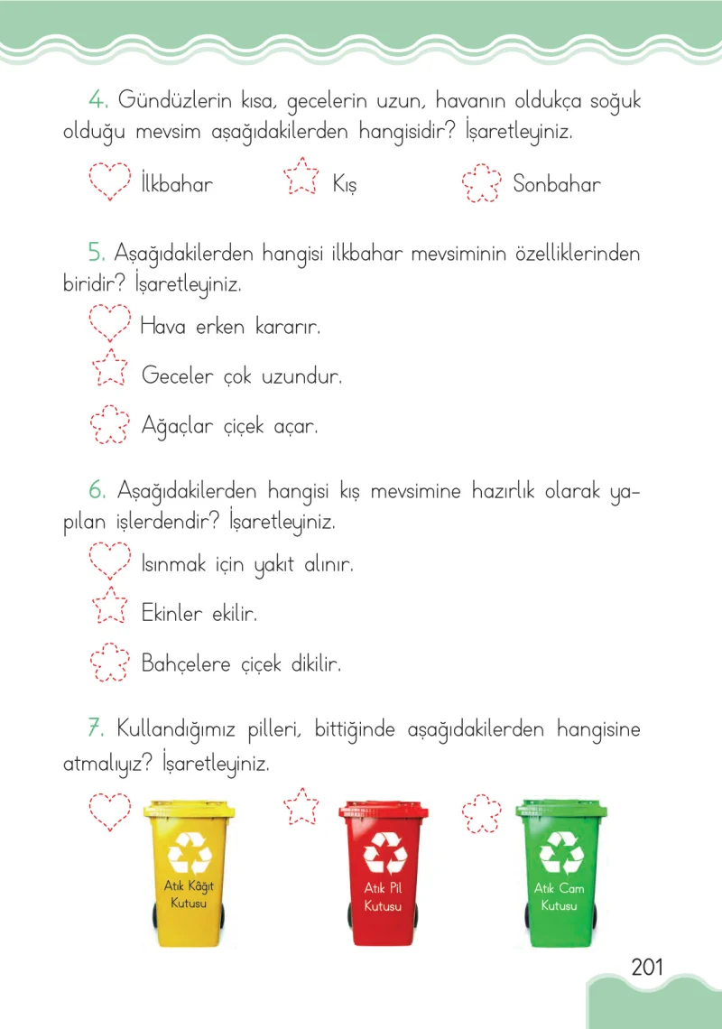 1. Sınıf Hayat Bilgisi Ders Kitabı Cevapları Ardıç Yayınları Sayfa 201
