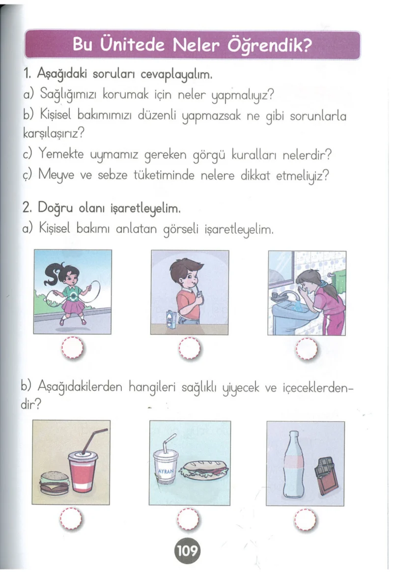 1. Sınıf Hayat Bilgisi Ders Kitabı Cevapları Kök-e Yayınları Sayfa 109