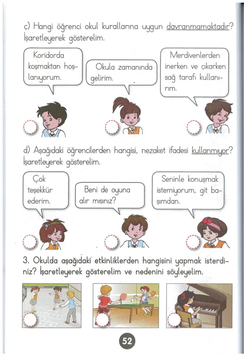 1. Sınıf Hayat Bilgisi Ders Kitabı Cevapları Kök-e Yayınları Sayfa 52