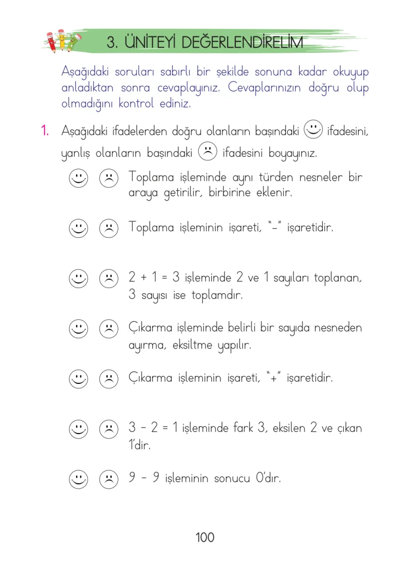 1. Sınıf Matematik Ders Kitabı Cevapları Açılım Yayınları Sayfa 100